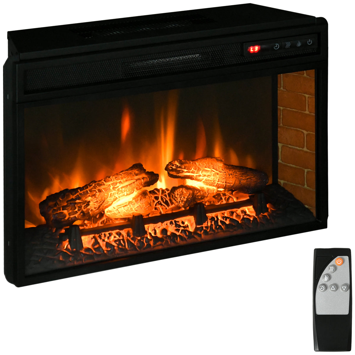 HOMCOM 27' Electric Fireplace Insert, Retro Recessed Fireplace Heater with Realistic Log Flame, Remote Control, and Adjustable Brightness, 1400W, Black