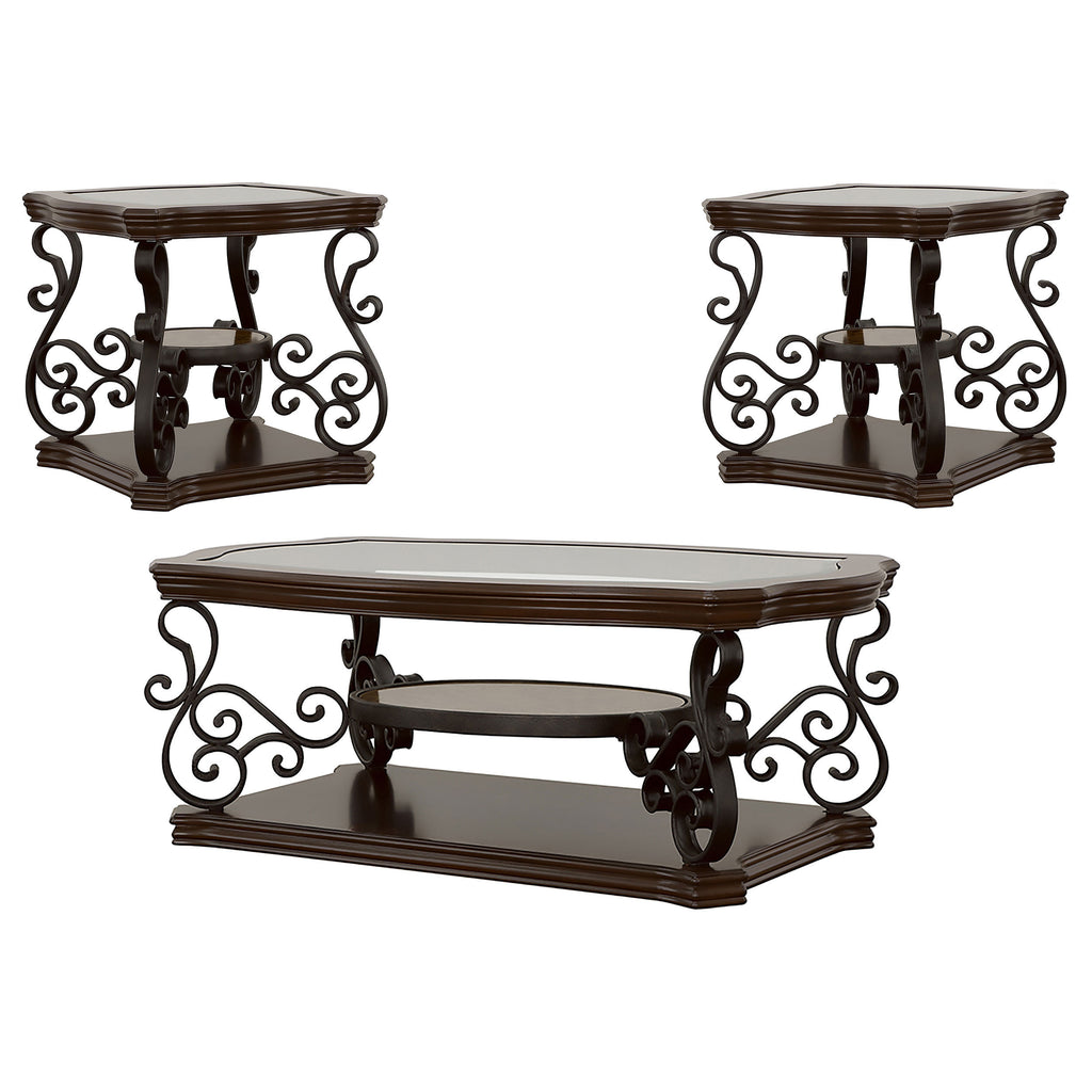 Arrize Dark Merlot 3-Piece Glass Top Coffee and End Table Set with Scroll Legs, Cherry Veneer Finish, Clear Tempered Glass Tops, Dark Brown