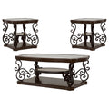 Arrize Dark Merlot 3-Piece Glass Top Coffee and End Table Set with Scroll Legs, Cherry Veneer Finish, Clear Tempered Glass Tops, Dark Brown