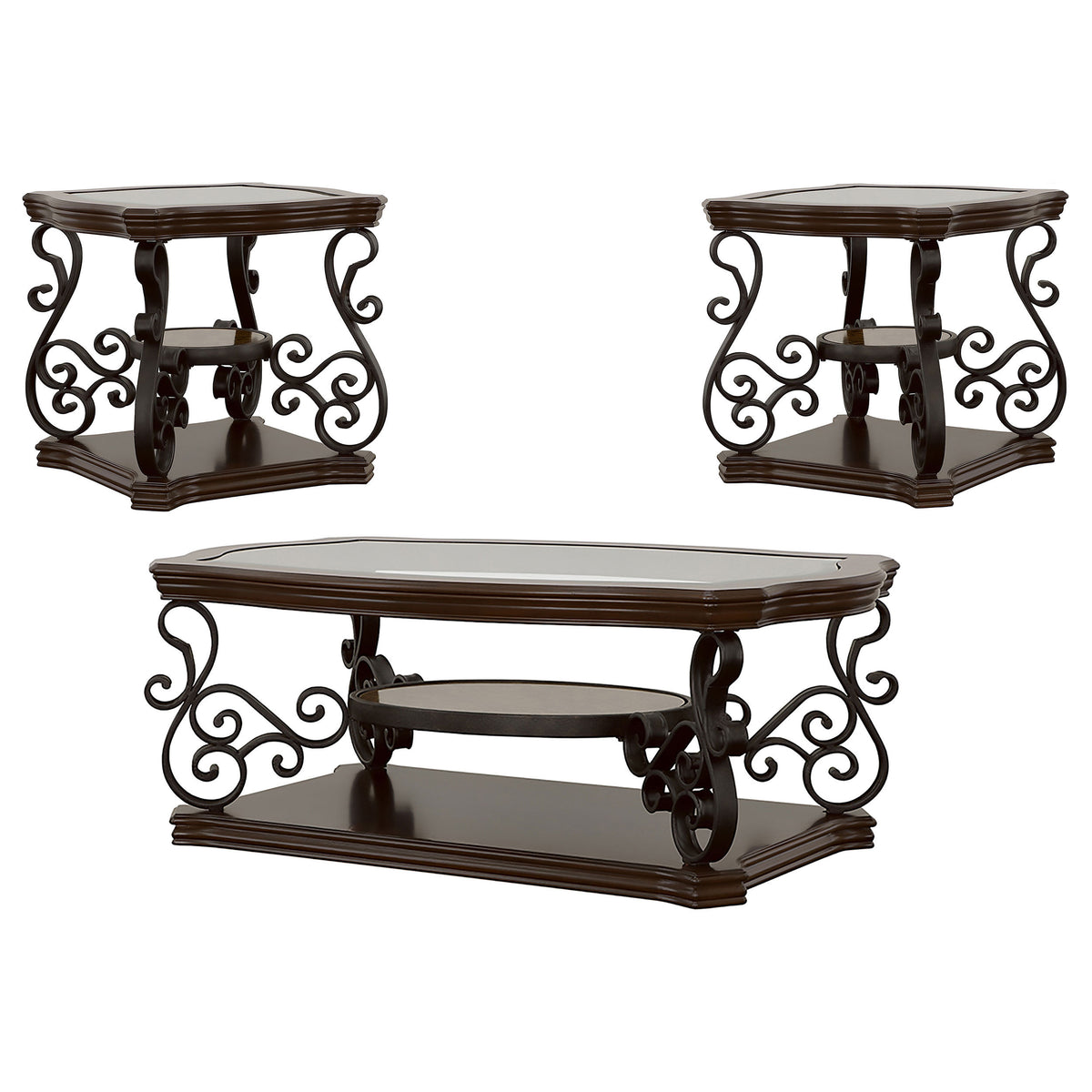 Arrize Dark Merlot 3-Piece Glass Top Coffee and End Table Set with Scroll Legs, Cherry Veneer Finish, Clear Tempered Glass Tops, Dark Brown