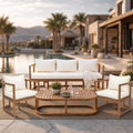 TOPMAX 4-Piece Modern Acacia Wood Sofa Set, Free Combination with a 3-Seater Sofa, 2 Armchairs and a Coffee Table, 4.7' Thick Seat Cushions,  Indoor&Outdoor Use, Light Teak+Beige Cushion