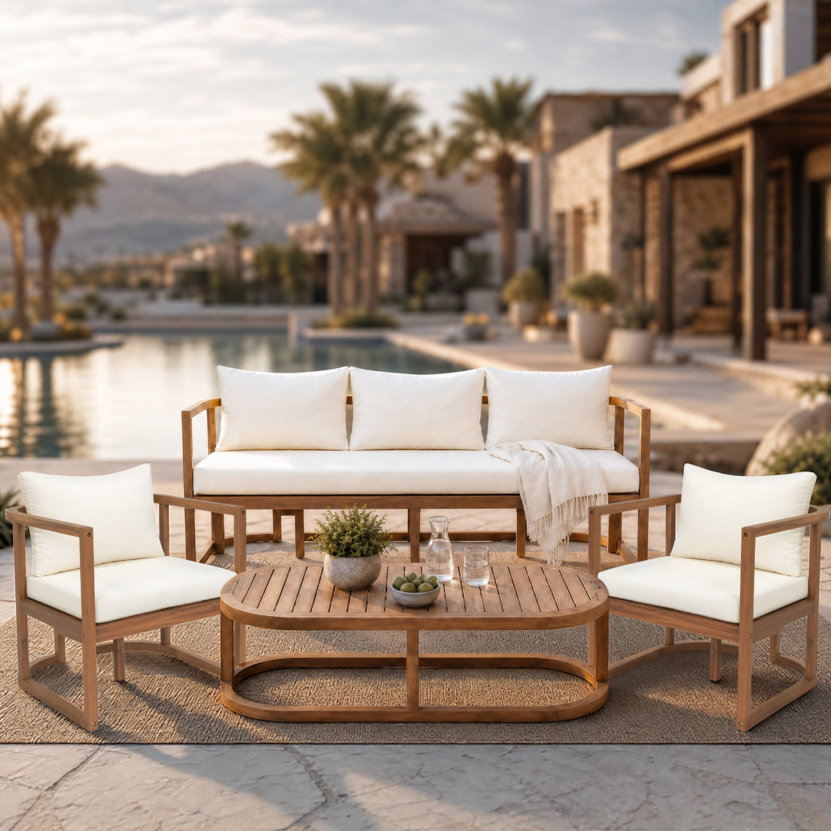 TOPMAX 4-Piece Modern Acacia Wood Sofa Set, Free Combination with a 3-Seater Sofa, 2 Armchairs and a Coffee Table, 4.7' Thick Seat Cushions,  Indoor&Outdoor Use, Light Teak+Beige Cushion