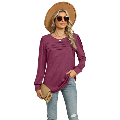 Solid Color U-neck Pleated Long-sleeved T-shirt Top For Women