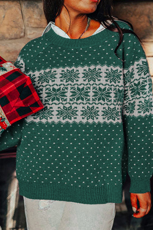 Green Christmas Snowflake Pattern Drop Shoulder Plus Size Sweater