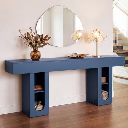71 Inch Long Console Table with Outlet, Entryway Table with Storage Shelves, Thick Heavy Duty High Density MDF Farmhouse Sofa Table for Hallway Behind Couch,Living Room,Blue