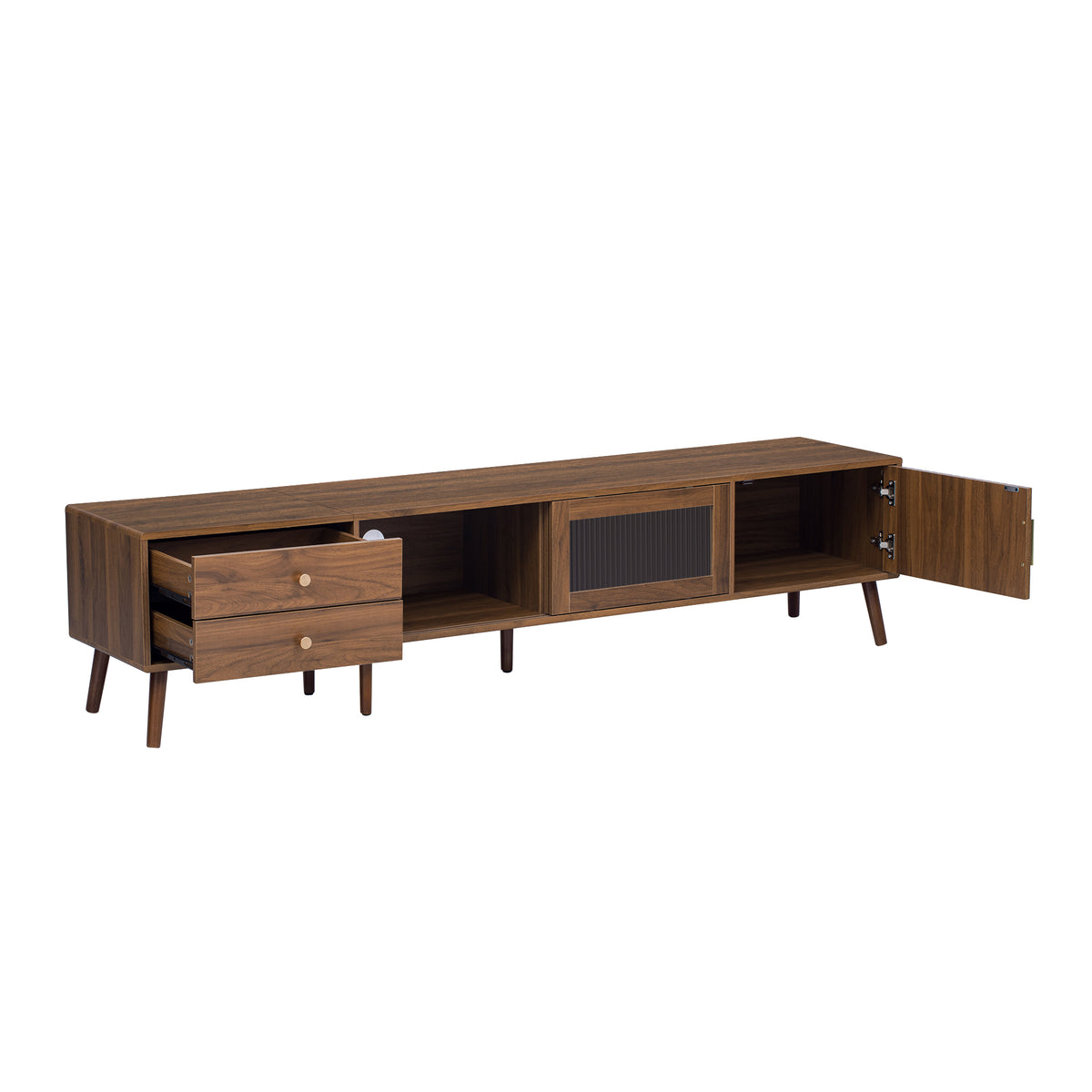 76' Modern Minimal Glass-Doors TV Stand for TVs up to 85 Inches, Wood-Grain Entertainment Center with Storage Cabinets, TV Media Console Table for Living Room, Bedroom