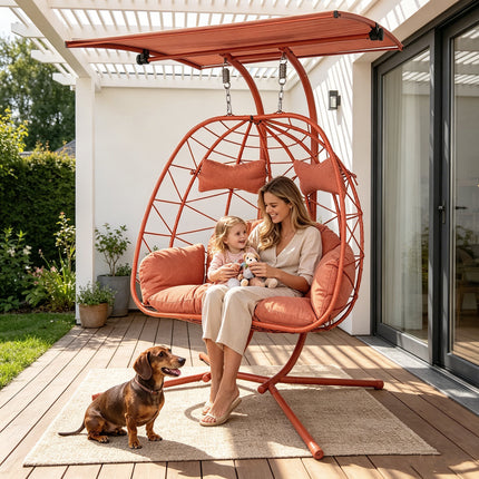 2-Person Wicker Hanging Egg Chair with Adjustable Canopy, Double Patio Swing Chair with Stand, 600LBS Capacity Outdoor Indoor Hammock Chair with Cushions for Balcony, Garden, Backyard