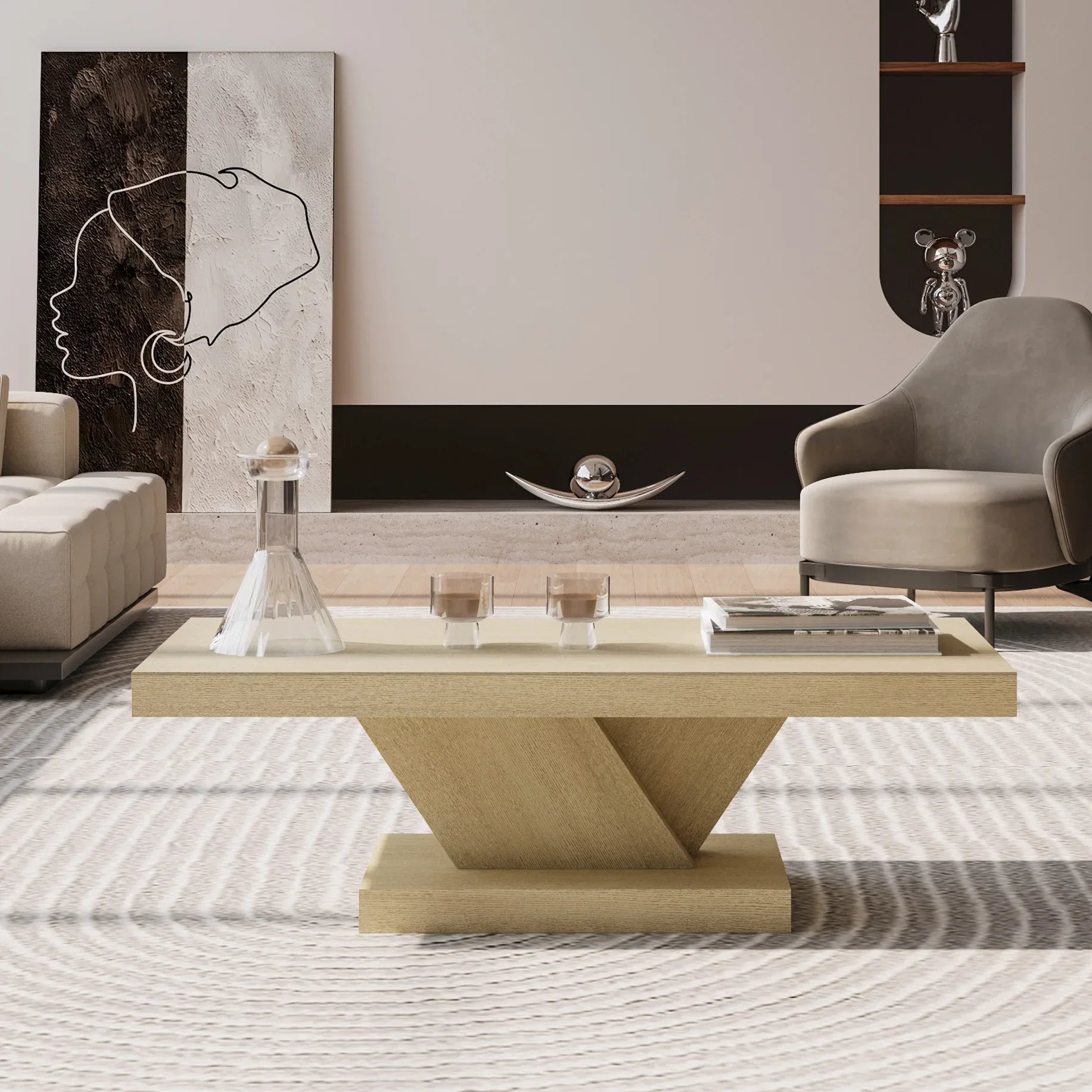 47' Modern Cross Leg Coffee Table, Sturdy X-Shape Design, Solid Wood Veneer, Large Living Room Center Table with Ample Storage Space, Oak Wash - Eloy Royal