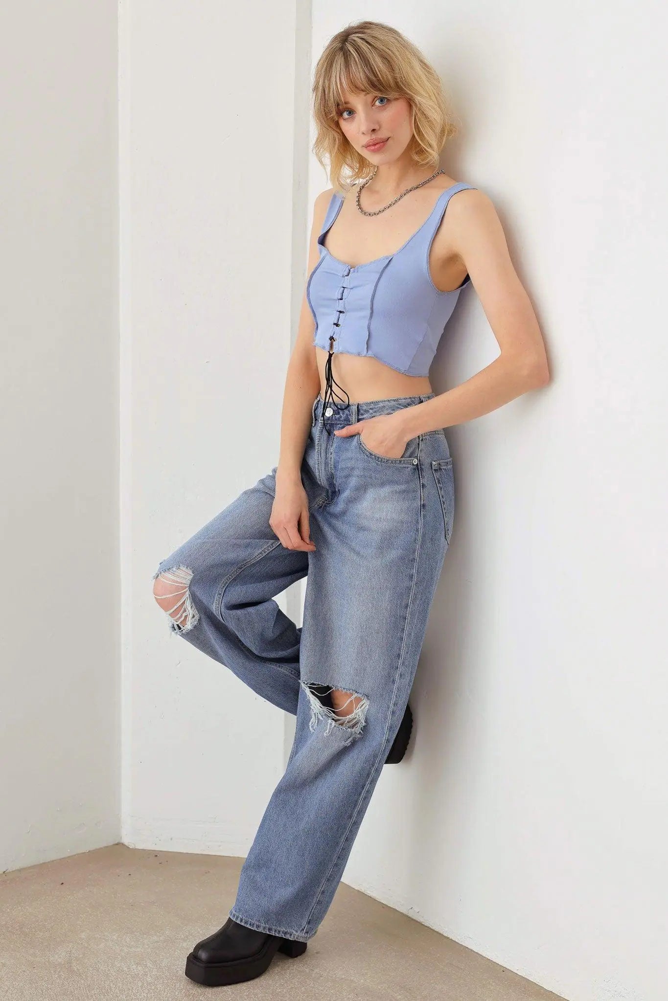 Solid Lace Up Sleeveless Round Neckline Front & Back Crop Top