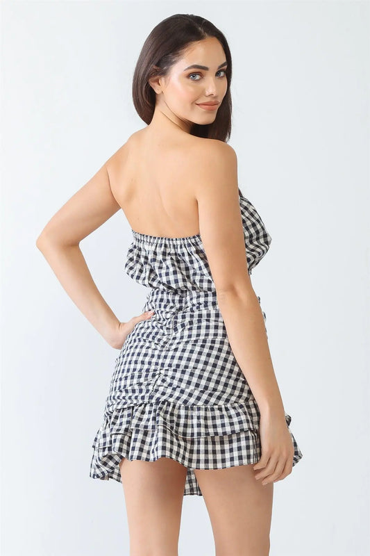 Plaid Strapless Crop Top & High Waist Flare Hem Mini Skirt Set