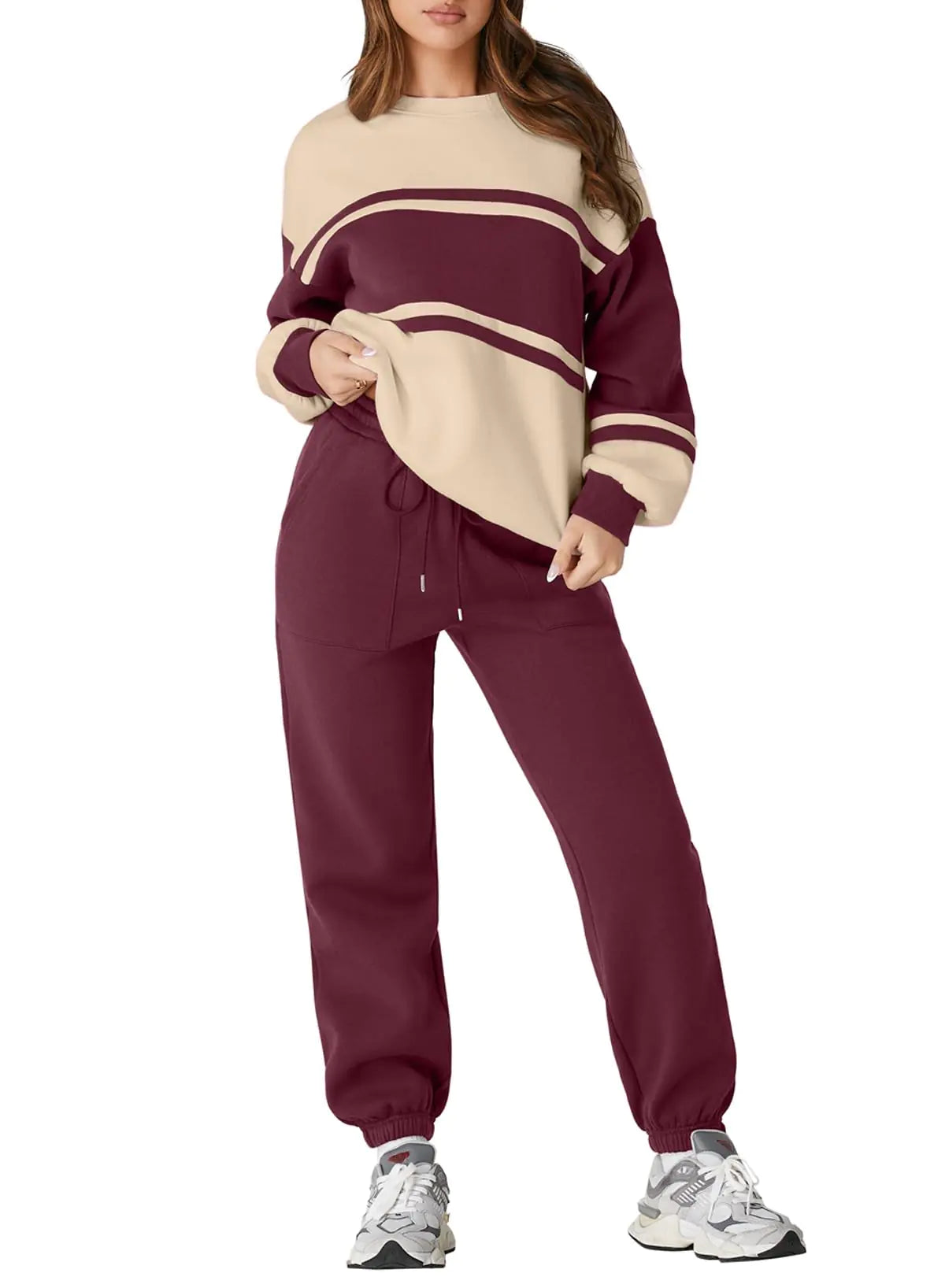Herseas 2 Piece Lounge Set Outfits for Women 2024 Fall Color Block Long Sleeve Crewneck Sweatshirts with Jogger Sweatpants Lounge Set Burgundy Large 12 14