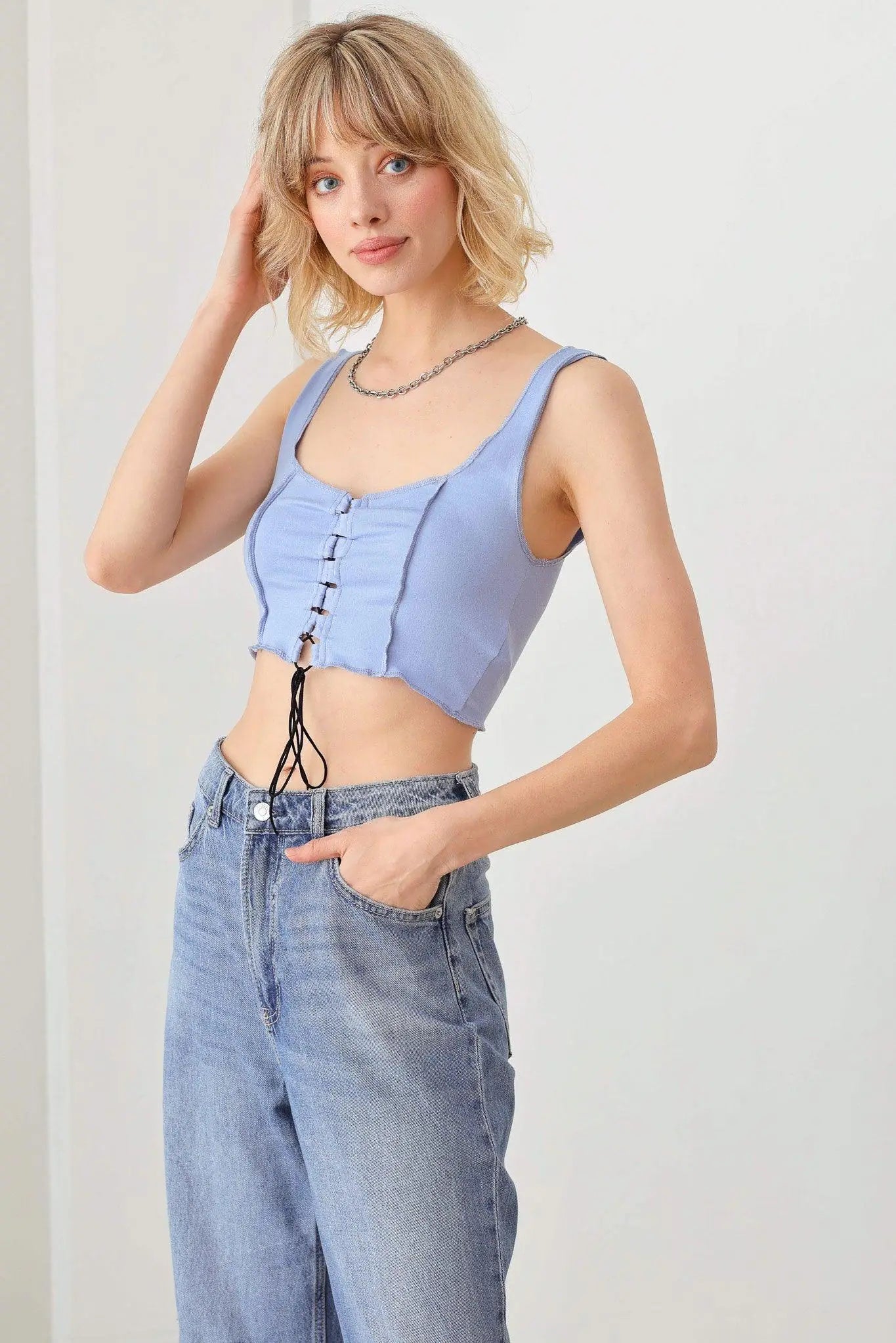 Solid Lace Up Sleeveless Round Neckline Front & Back Crop Top