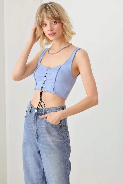 Solid Lace Up Sleeveless Round Neckline Front & Back Crop Top