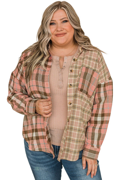 Pink Plaid Plus Size Color Block Long Sleeve Shirt with Pocket - Eloy Royal