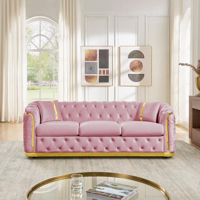 84.6 Inches 3 Seater Mid Century Modern Chesterfield Sofa, Luxury Velvet Pink and Gold Couch for Living Room Tufted Couch with Stainless Steel Decoration & 2 Pillows, Pink