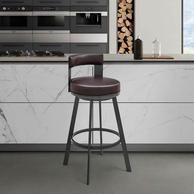 Nylun 26' Swivel Counter Stool in Brown Metal with Brown Faux Leather