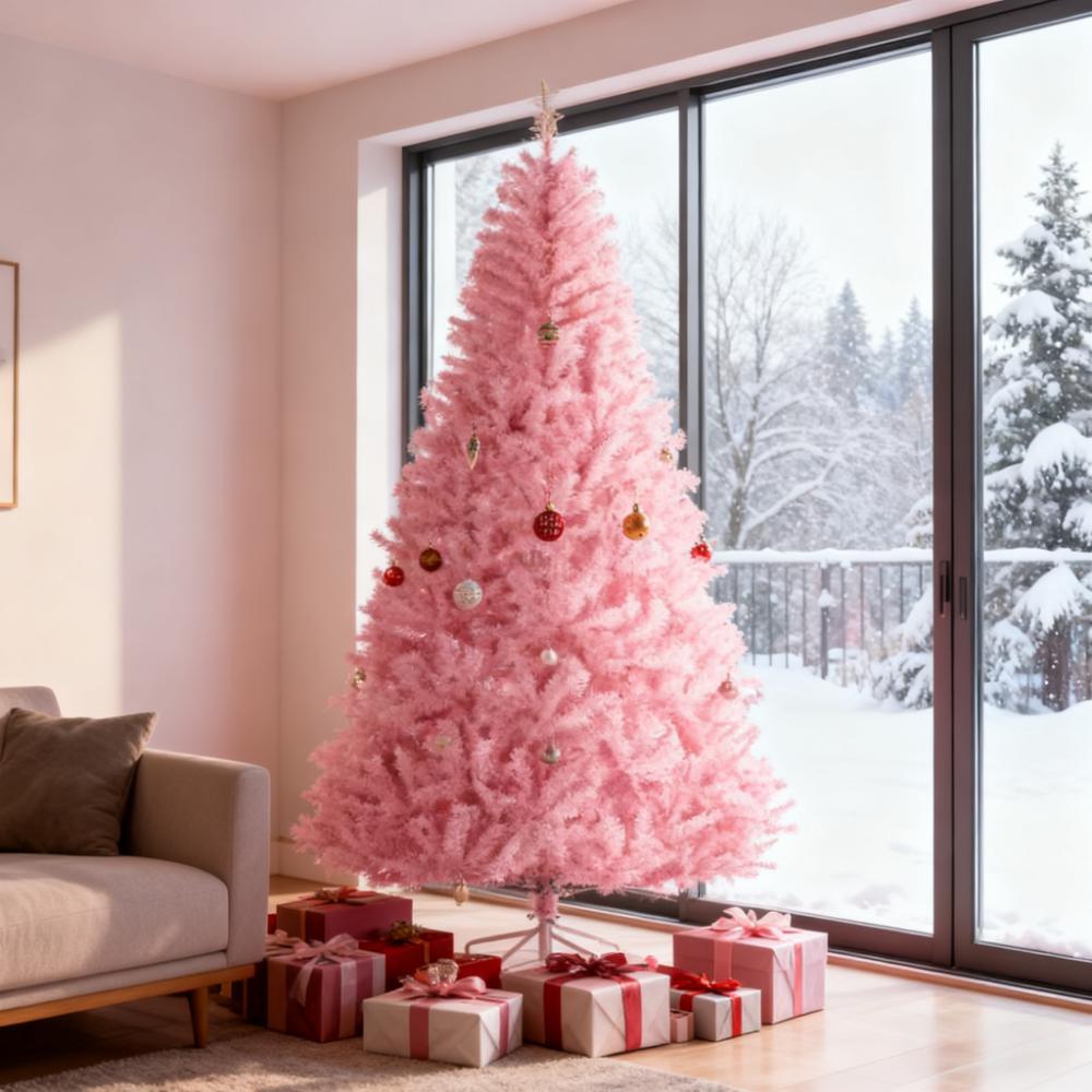 Christmas Trees,Artificial Pink Christmas Trees, with Auto Open, Steel Base, Wide Shape for Indoor Xmas Decoration