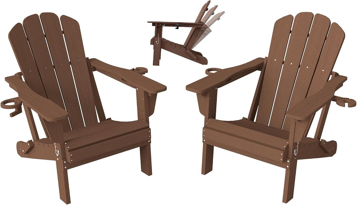 Adjustable HDPE Adirondack Chairs Set of 2, Brown, 3-Position Reclining ,Foldable, Cup & Phone Holders, All-Weather Outdoor