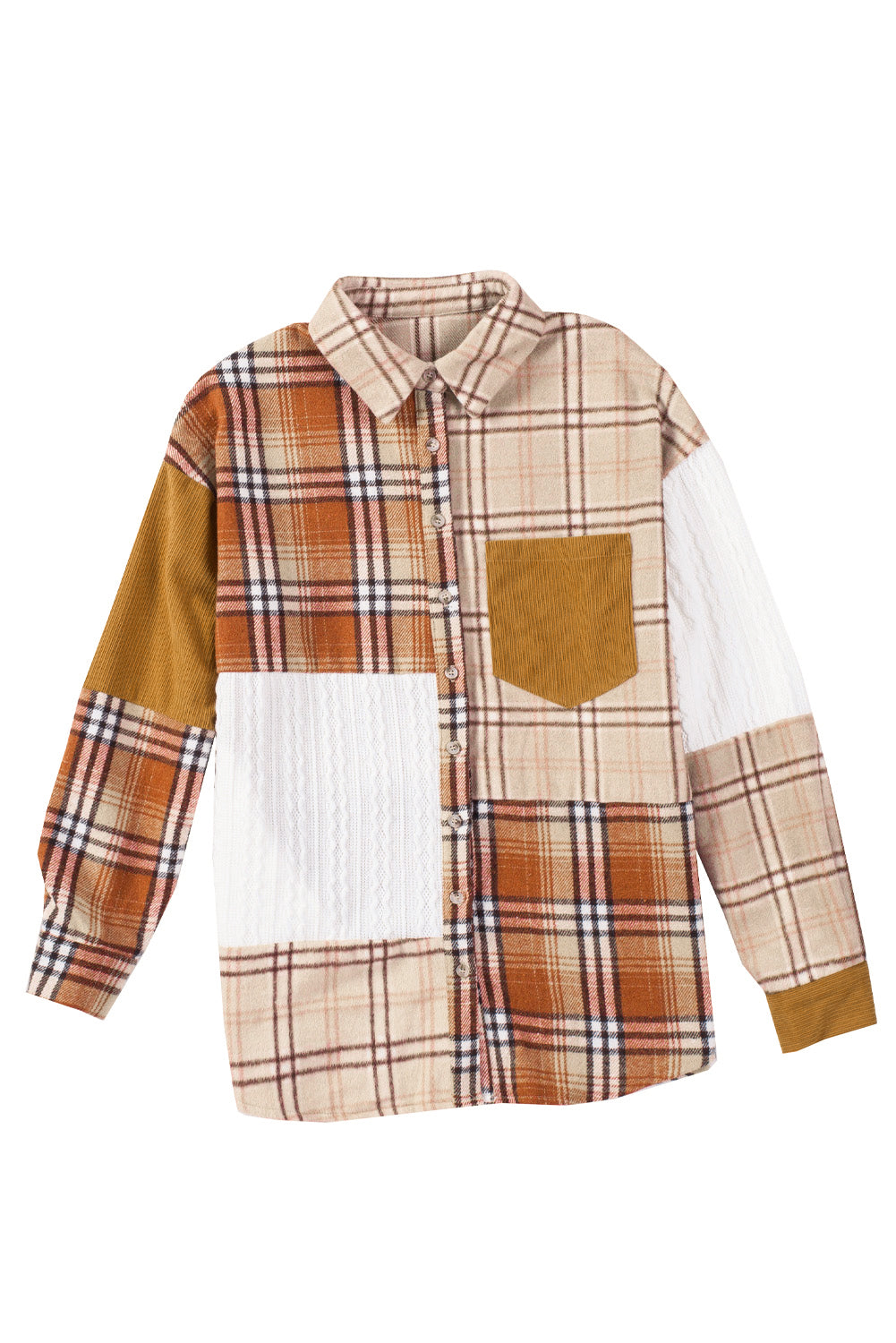 Wholesale Orange Plaid Color Block Patchwork Pocket Shirt Shacket - Eloy Royal