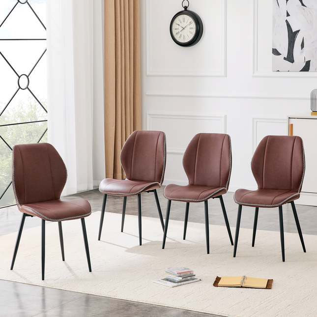 4-Pack Reddish-brown Light Luxury Household PU Leather Dining Chairs. Multiple colors available, with black metal legs and adjustable feet, suitable for dining room, study & office ,etc.