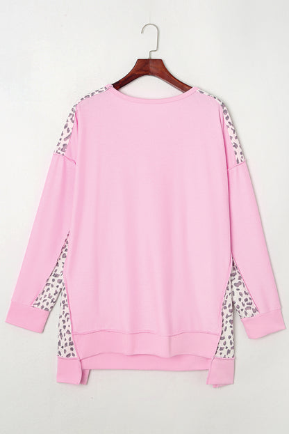 Pink Exposed Seam Leopard Splicing Plus Size Sweatshirt - Eloy Royal