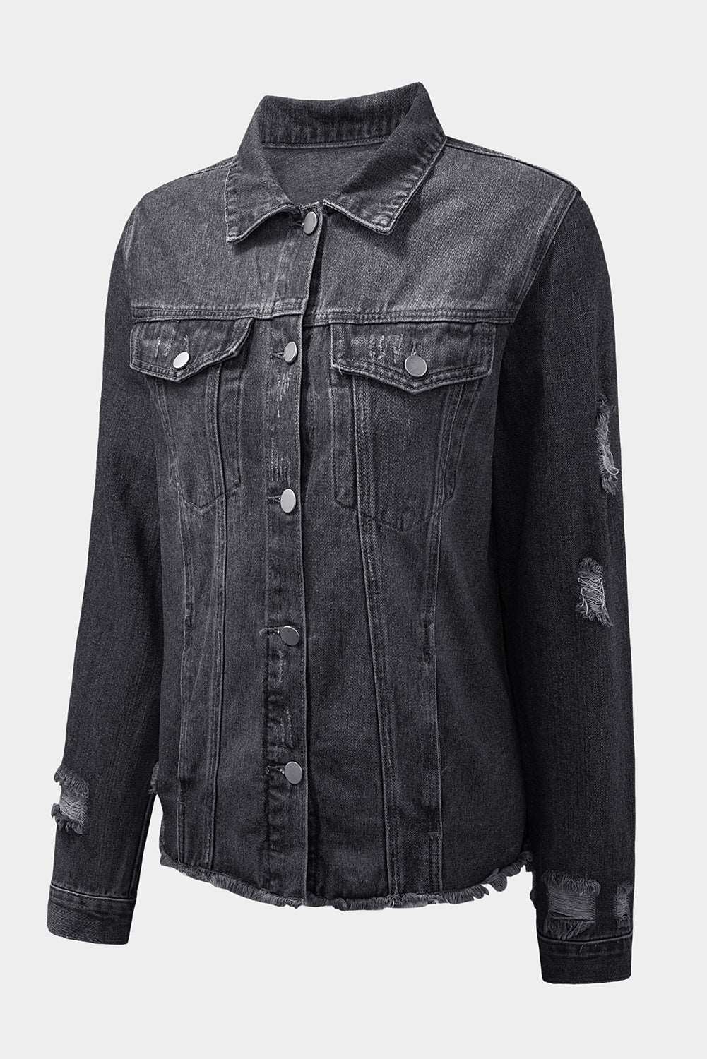 Black Casual Distressed Raw Hem Buttons Denim Jacket