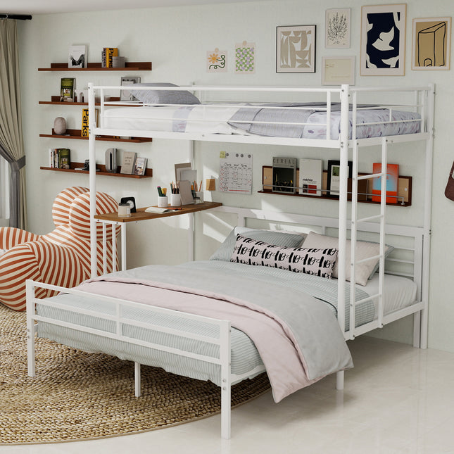 Twin Over Full Metal Bunk Bed with Built-in Desk & Guardrail, Staircase Climbing Design, White Bunk Bed Frame for Kids/Teens Bedroom, No Box Spring Needed