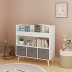 Modern Kids Bookshelf with 3 Fabric Bins, White and Gray Storage Shelf for Toys and Books, Ideal for Playroom, Bedroom, or Nursery - Eloy Royal