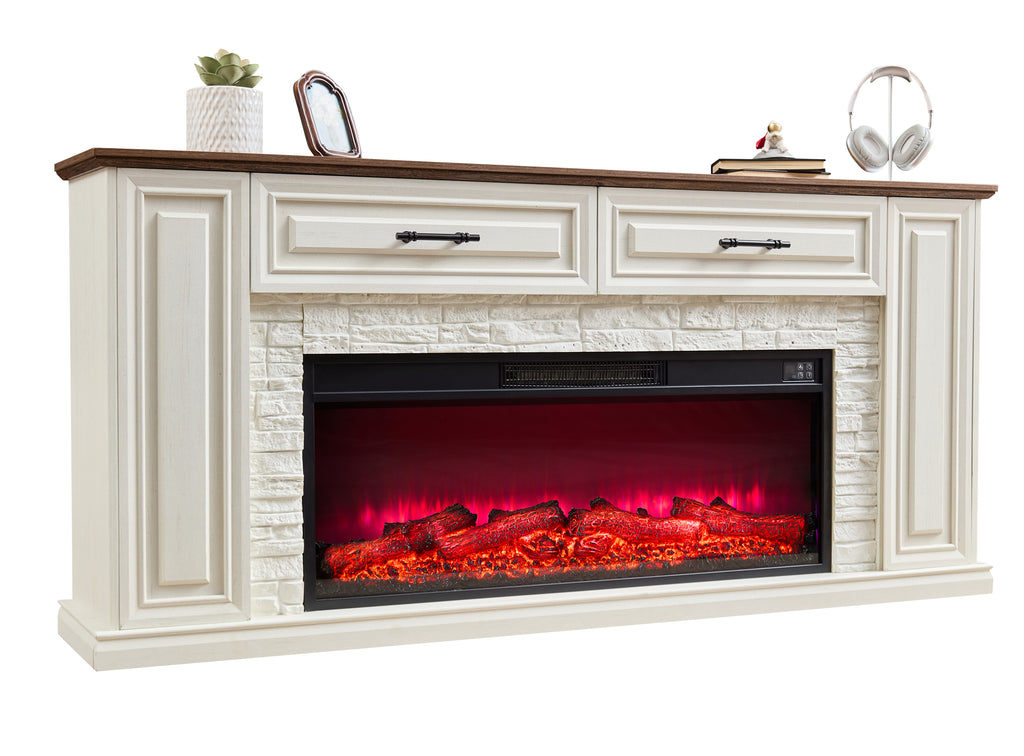70 inchFireplace TV Stand Up to 80inch TVs, 42inModern Electric Fireplace with Mantel, Farmhouse Entertainment Center with Concealed 3 Drawers for Living Room, Adjustable Brightness & Low Noise, White