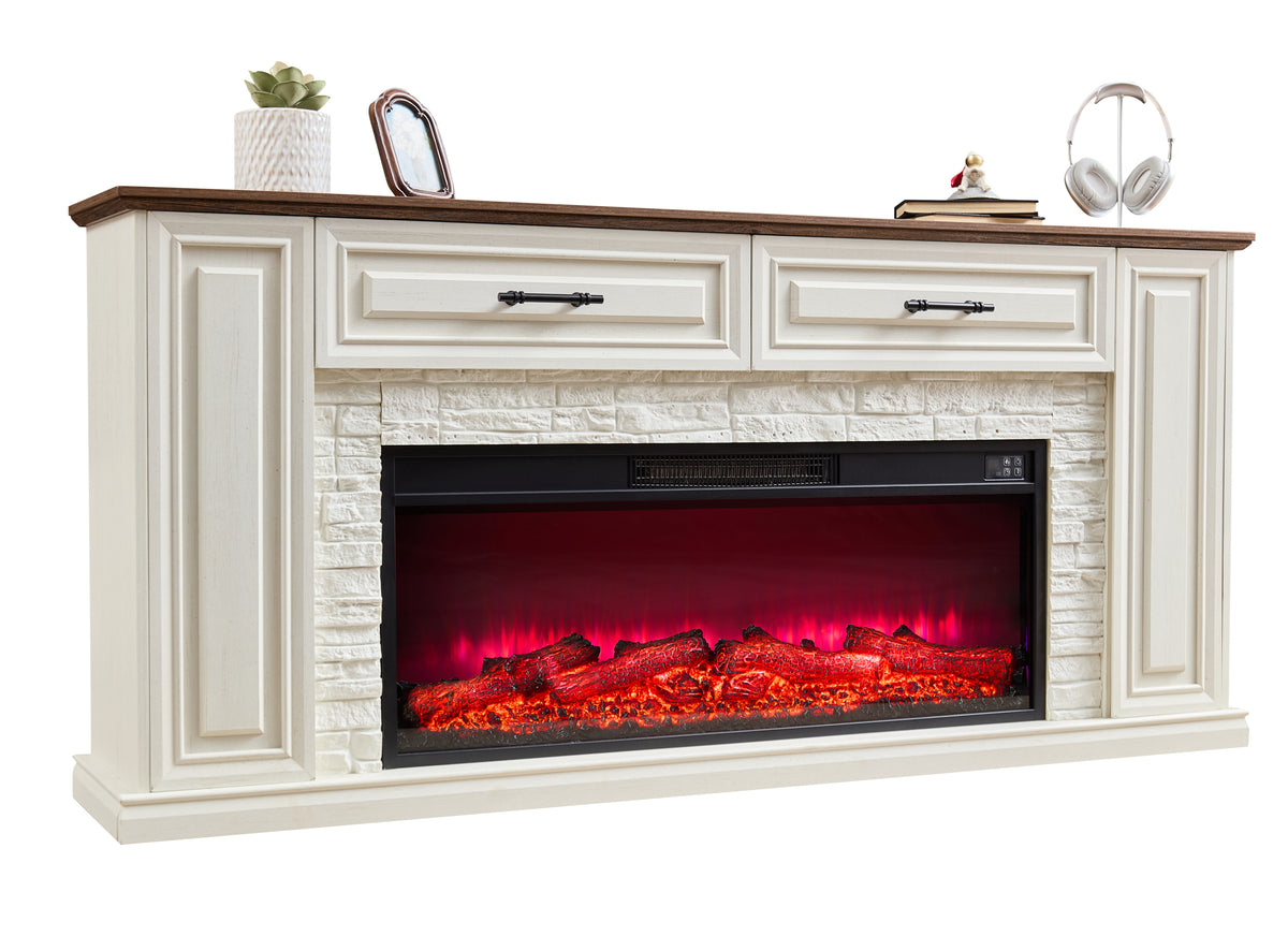 70 inchFireplace TV Stand Up to 80inch TVs, 42inModern Electric Fireplace with Mantel, Farmhouse Entertainment Center with Concealed 3 Drawers for Living Room, Adjustable Brightness & Low Noise, White
