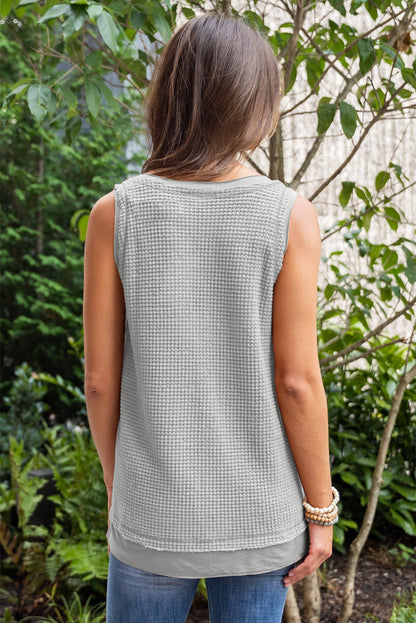 White Scoop Neck Waffle Knit Splicing Flowy Vest - Eloy Royal