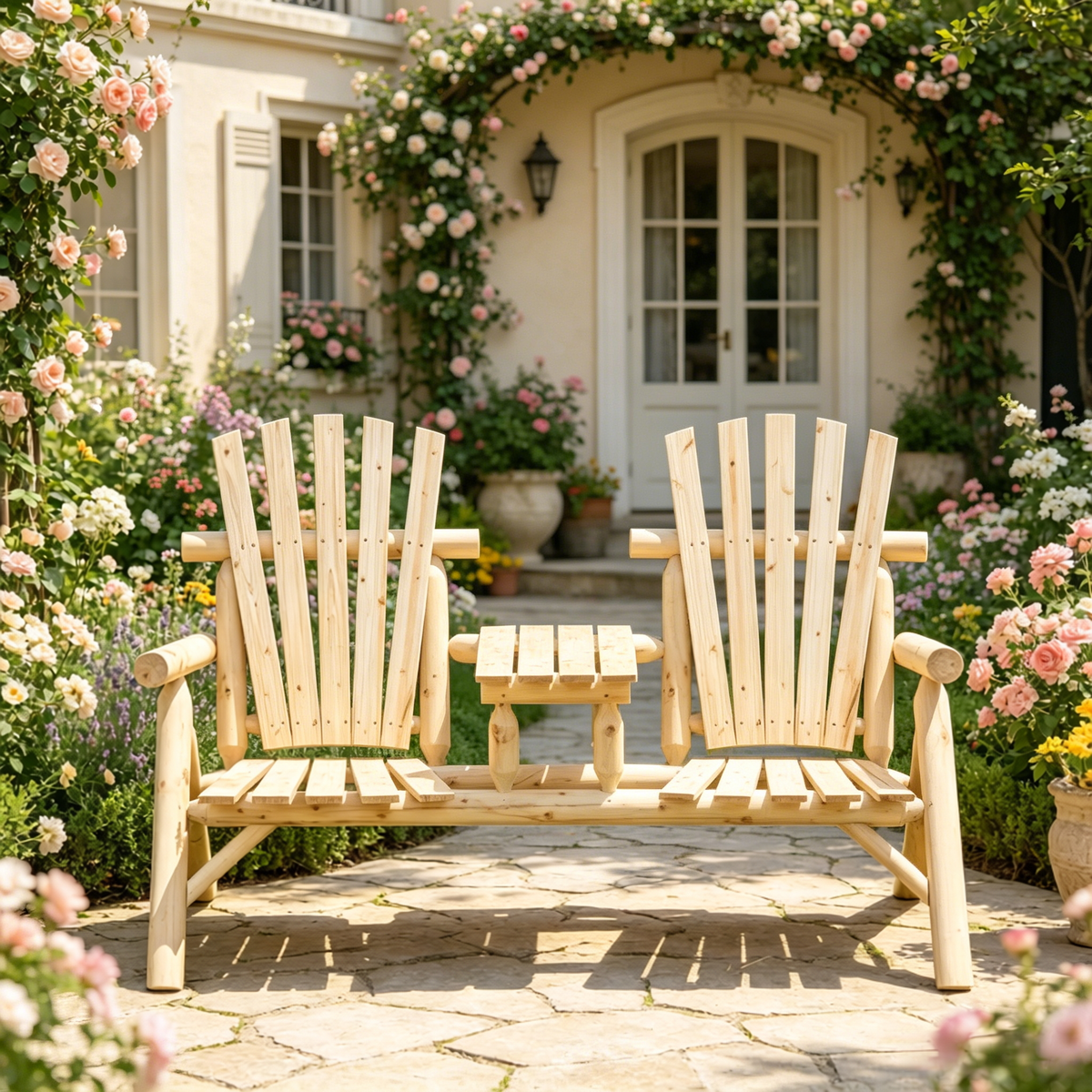 Wooden Outdoor Bench,Adirondack Chair,Backyard Loveseat with High Backrest