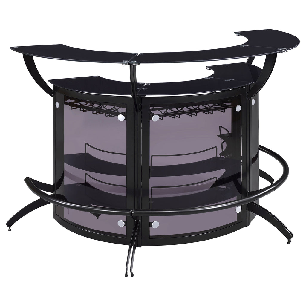 Elaina Black 3-Piece Curved Freestanding Home Bar with Smoked Acrylic Panels and Silver Metal Frame, Black Finish, Glass and Metal Construction
