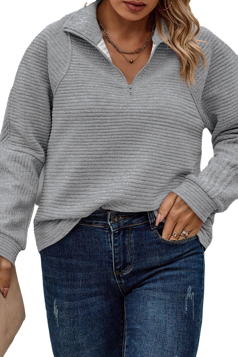 Light Plus Size Grey Quarter Zipper Collared Ribbed Knit Top - Eloy Royal