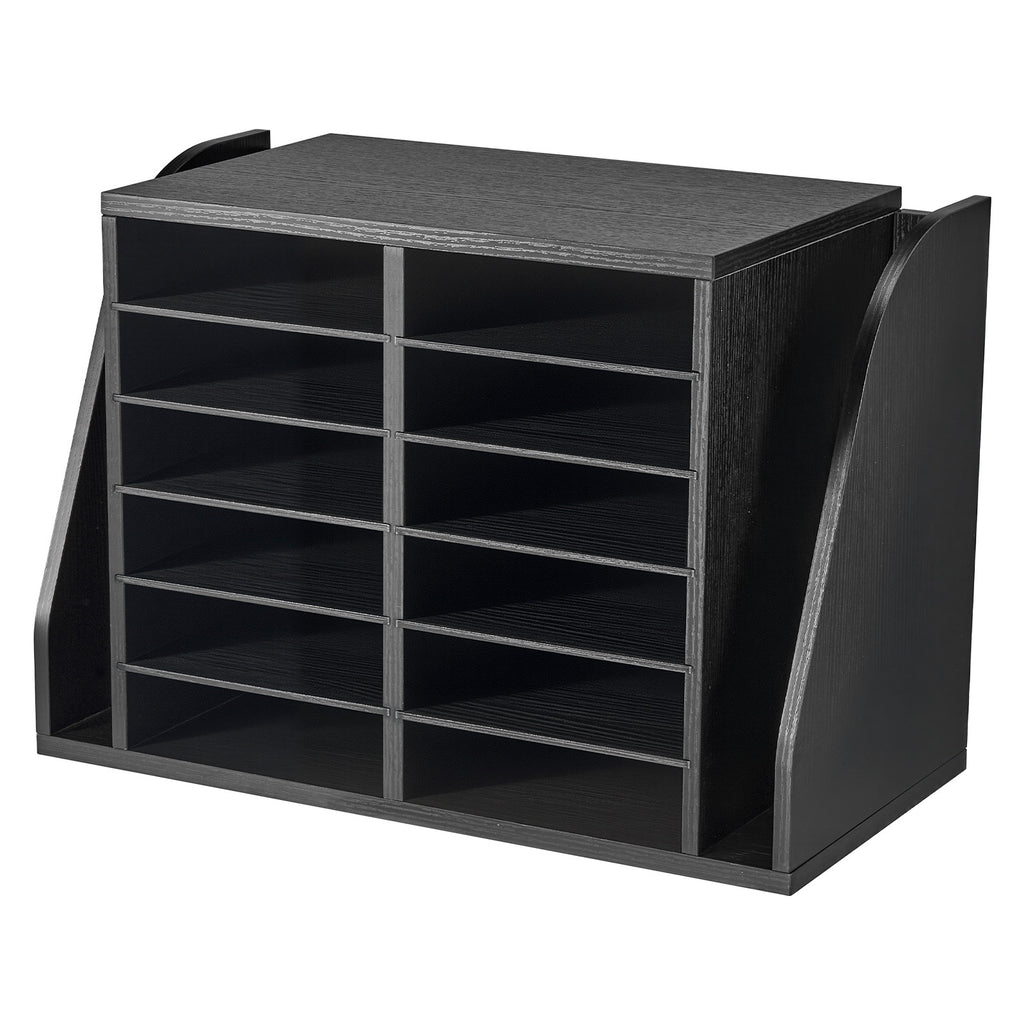 Literature Organizer, 12 Compartments Office Mailbox with Side Vertical Storage, Wooden Mailbox Sorter Made of Particle Board, Countertop Office Home  Organizer for File, Document, Paper, Black
