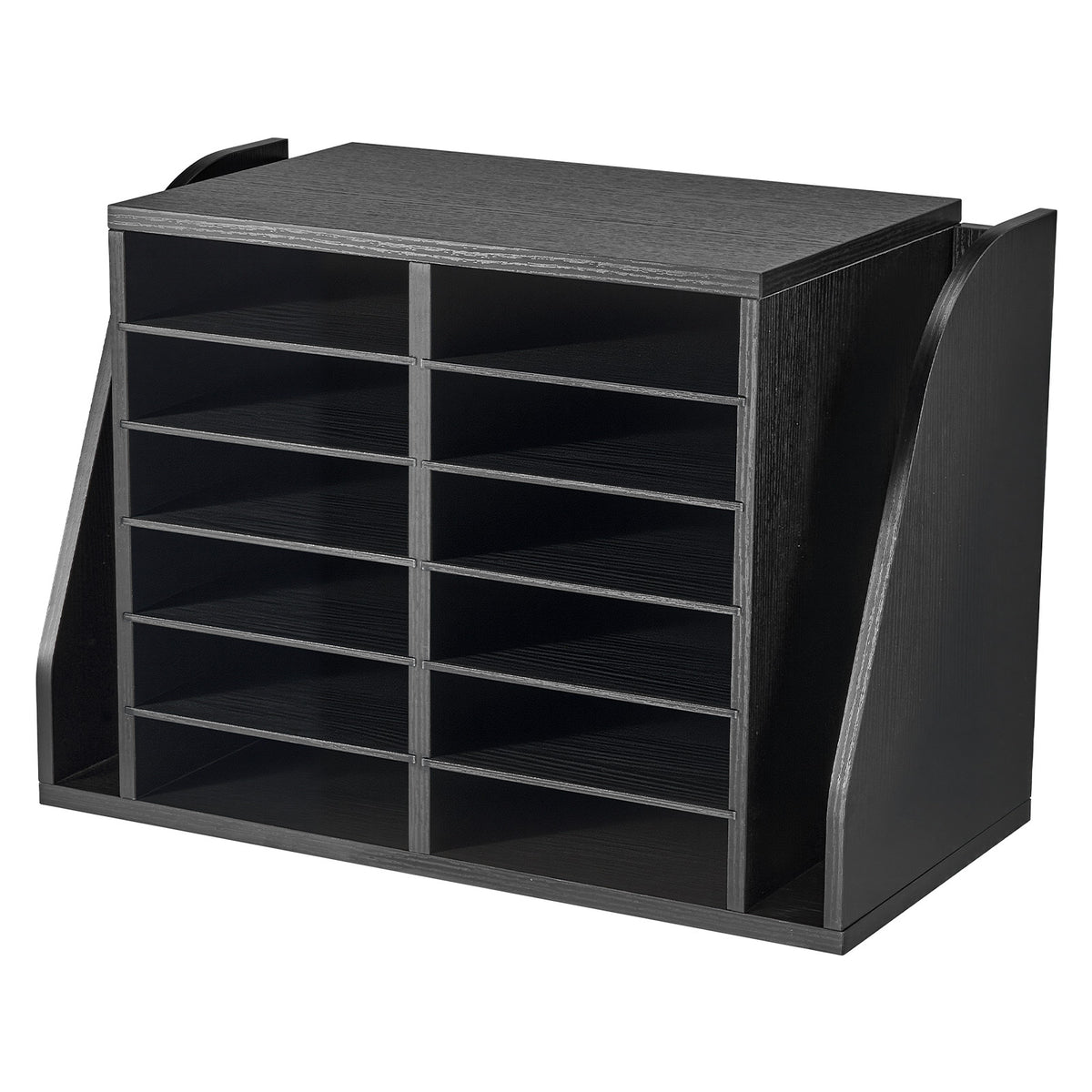 Literature Organizer, 12 Compartments Office Mailbox with Side Vertical Storage, Wooden Mailbox Sorter Made of Particle Board, Countertop Office Home  Organizer for File, Document, Paper, Black