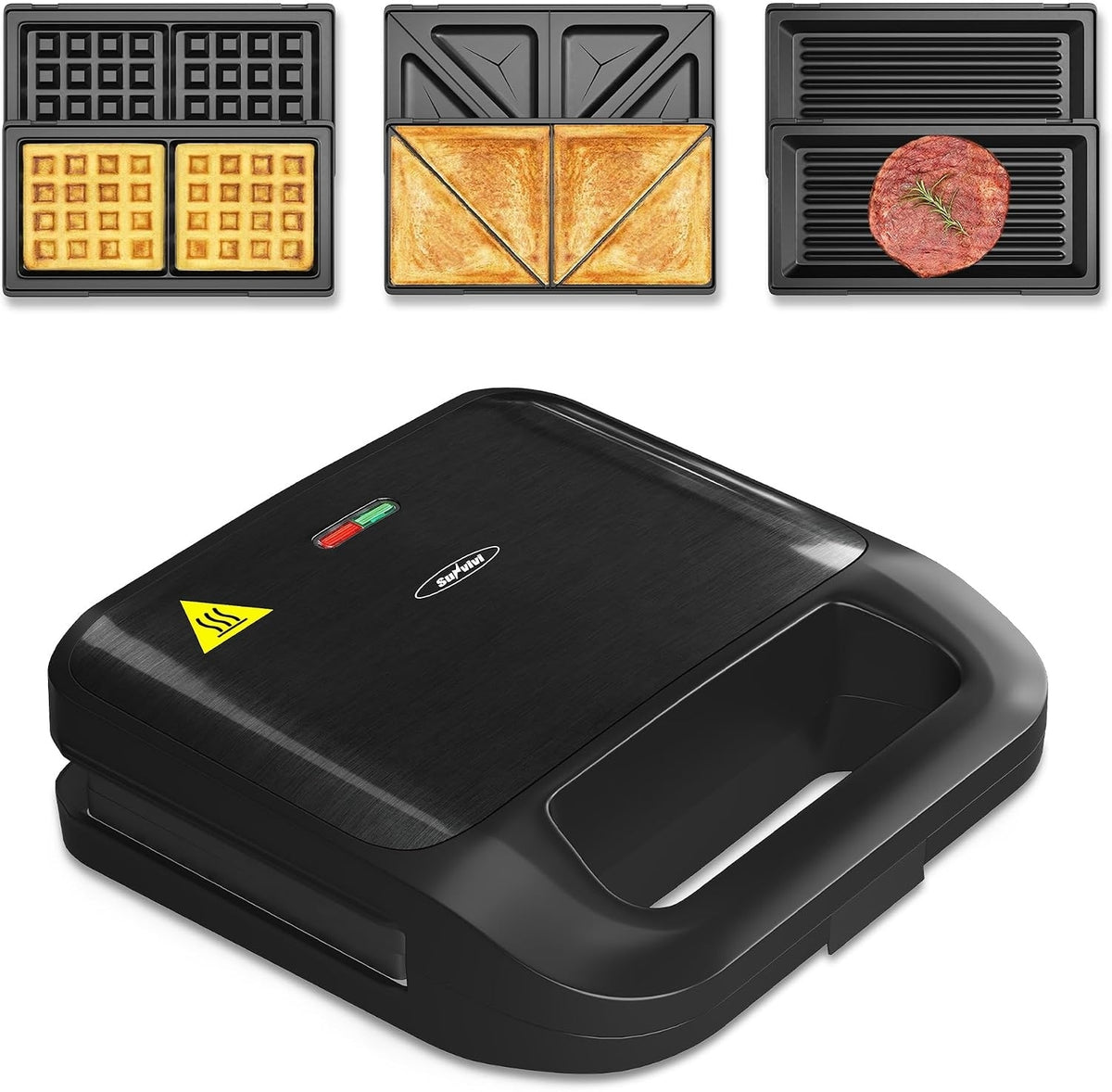 3 in 1 Electric Sandwich Maker with Removable Nonstick Plates - 750W, Black for Belgian Waffle/Panini/Grill/Pancake Griddle/Breakfast, Dishwasher Safe, Cool Touch Handle, Easy to Clean & Store