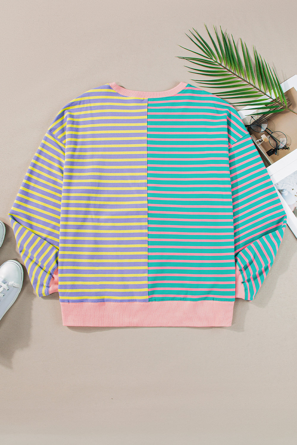 Brown Stripe Colorblock Drop Shoulder Oversize Sweatshirt