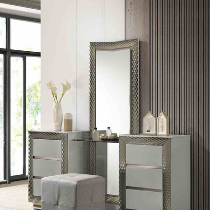 Glam Style 1pc Vanity Set w/ Stool Plinth Base Silver Molding Glass Top LED On Headboard And Mirror Gray Finish Bedroom Furniture