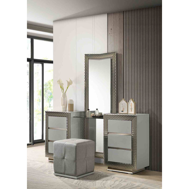 Glam Style 1pc Vanity Set w/ Stool Plinth Base Silver Molding Glass Top LED On Headboard And Mirror Gray Finish Bedroom Furniture