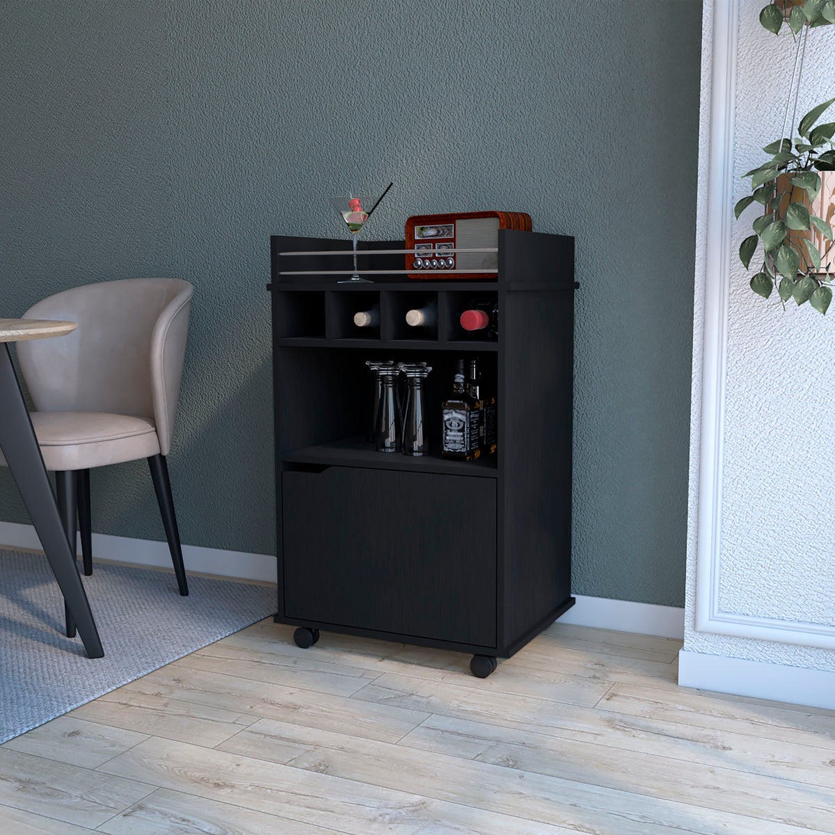 FM FURNITURE Crozier Bart Cart, with 1 shelf, 1 door and four built-in wine rack,black