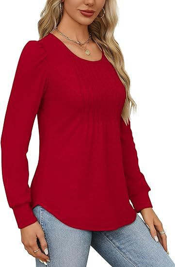 Women's Bubble Sleeve Waist Pleated Round Neck Long Sleeve T-shirt