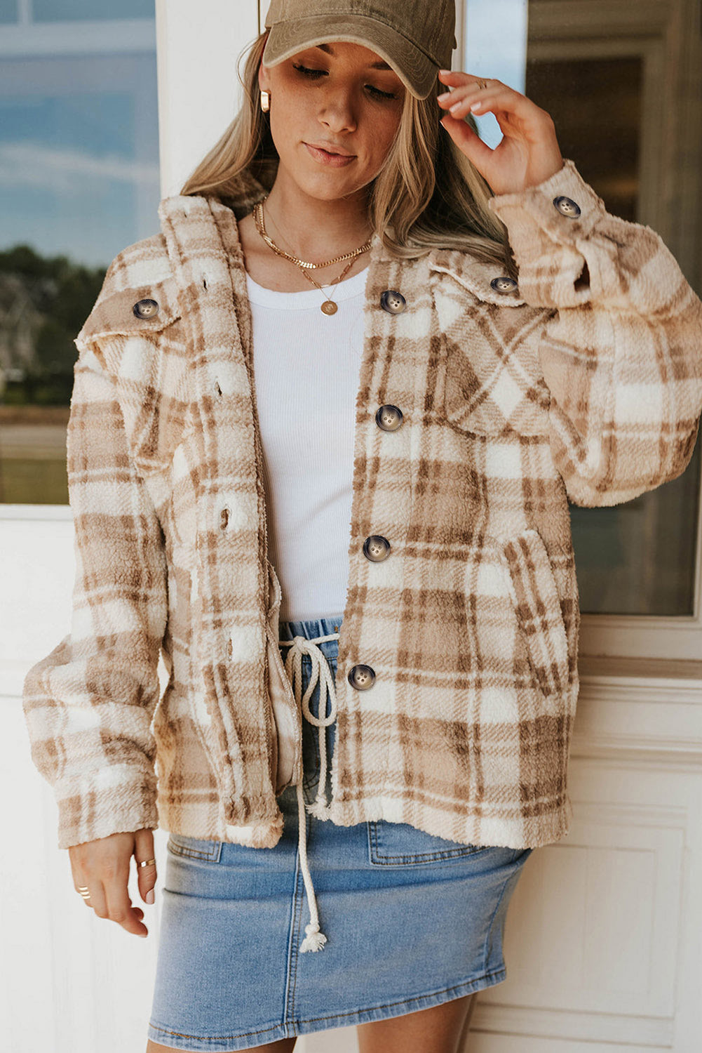 Khaki Sherpa Plaid Button Pocketed Jacket - Eloy Royal