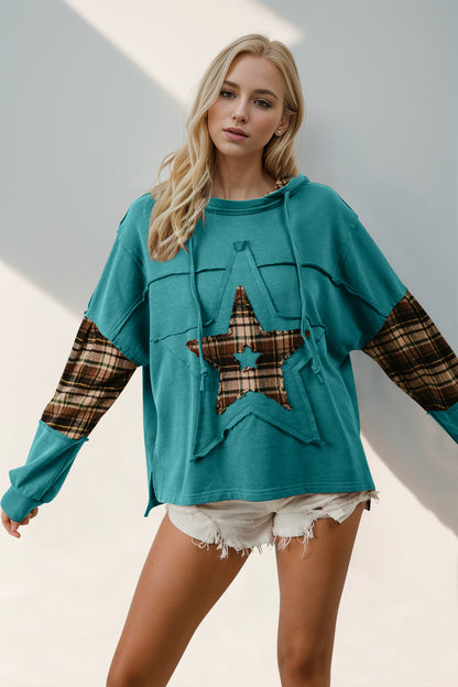 Double Take Drawstring Plaid Star Patch Long Sleeve Hoodie