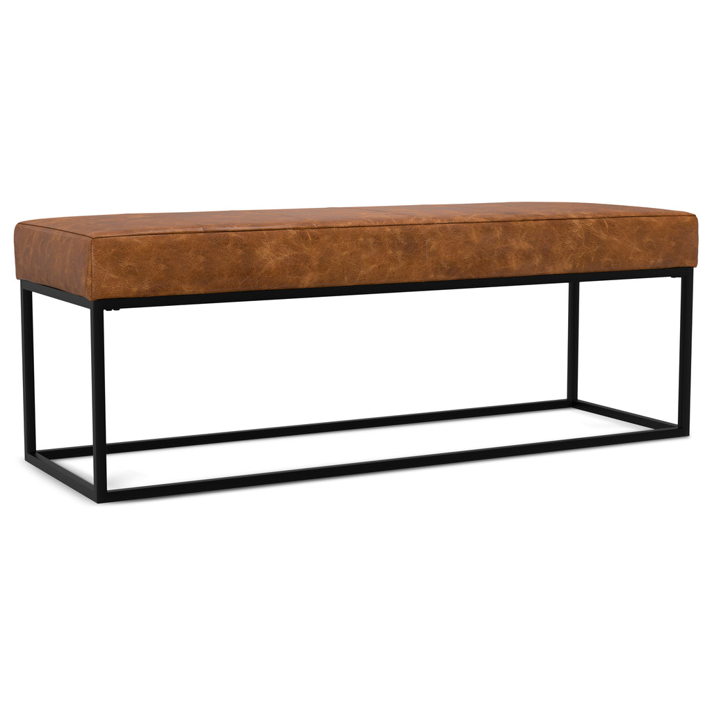 Candice Ottoman Bench in Tan Genuine Leather, 18D x 56W x 18.5H inches
