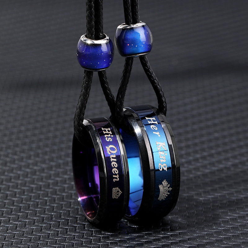 Creative Color Changing Round Beads Blue Purple Couple Couple Rings Necklace