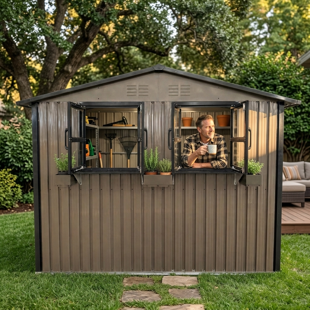 9x6 FT Outdoor Metal Storage Shed with Window & Flower Rack, Lockable Double Doors Tool Shed, Waterproof Weatherproof Garden Shed for Backyard Patio Brown Black