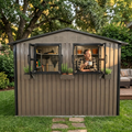 9x6 FT Outdoor Metal Storage Shed with Window & Flower Rack, Lockable Double Doors Tool Shed, Waterproof Weatherproof Garden Shed for Backyard Patio Brown Black