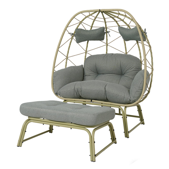 Double Patio Egg Chair with Ottoman, Wicker Outdoor Egg Chair with Cushion, 2 Person Lounge Chair with Footrest for Balcony, Garden and Backyard