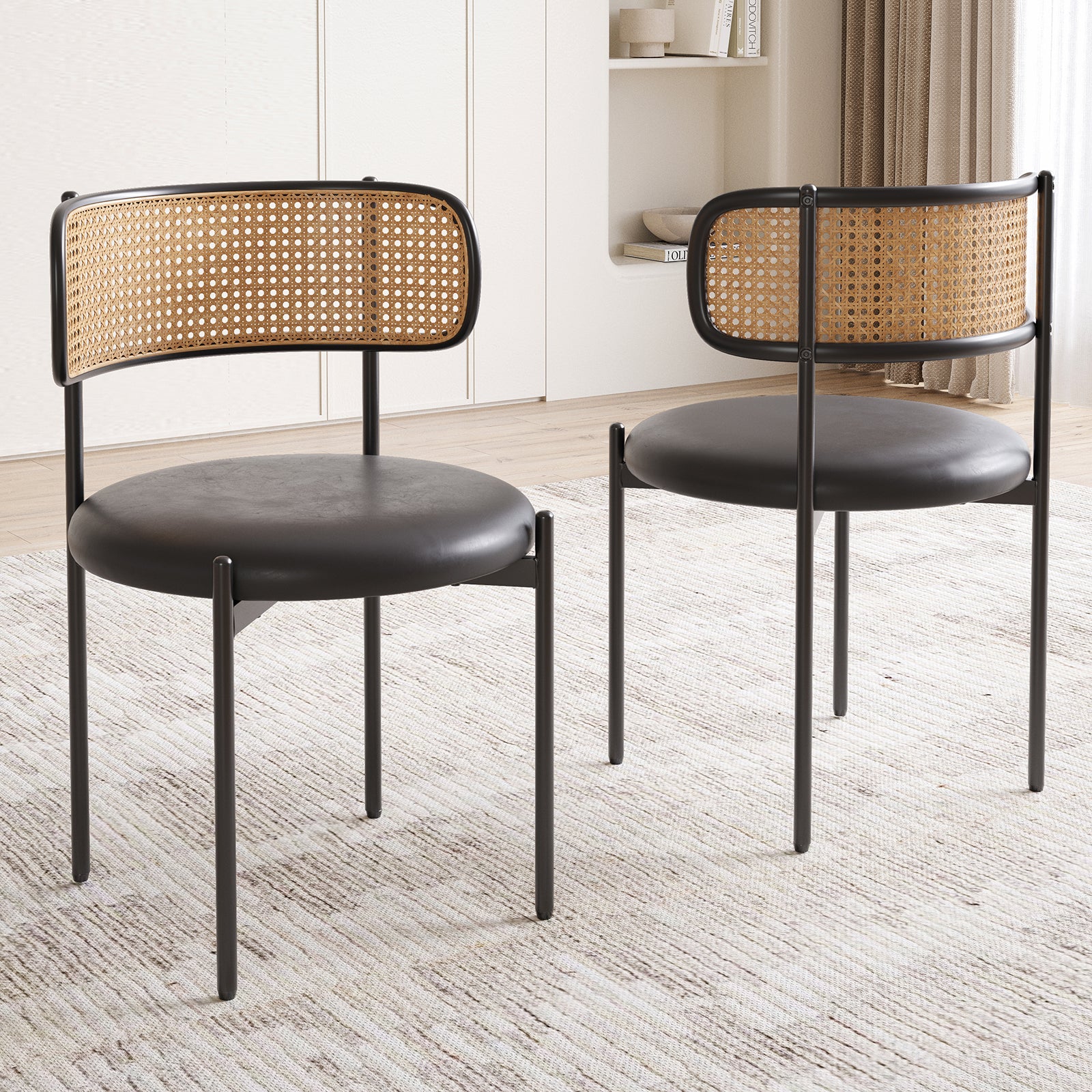 Dining Chairs Set of 2, PU Leather Upholstered Seat with Woven Rattan Back, Sturdy Metal Legs Modern Side Chairs for Kitchen Living Room Restaurant
